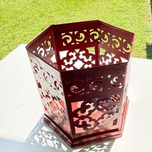Candle Holder Red Hexagon Filigree Pierced Metal Pillar Boho
